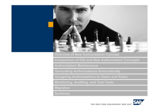 Overview of New Authorization Concept
Comparison of Old and New Authorization Concepts
Authorization Maintenance
Generating Authorizations Automatically
Assigning Authorizations to Users and Roles
Monitoring, Auditing, and Test Tools
Migration
Summary
 