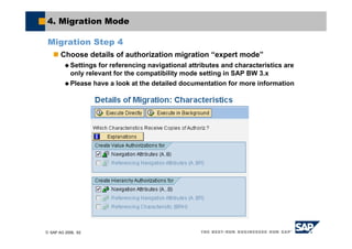 © SAP AG 2006, 62
4. Migration Mode
Migration Step 4
Choose details of authorization migration “expert mode”
Settings for referencing navigational attributes and characteristics are
only relevant for the compatibility mode setting in SAP BW 3.x
Please have a look at the detailed documentation for more information
 