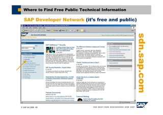 © SAP AG 2006, 65
sdn.sap.com
Where to Find Free Public Technical Information
SAP Developer Network (it’s free and public)
 