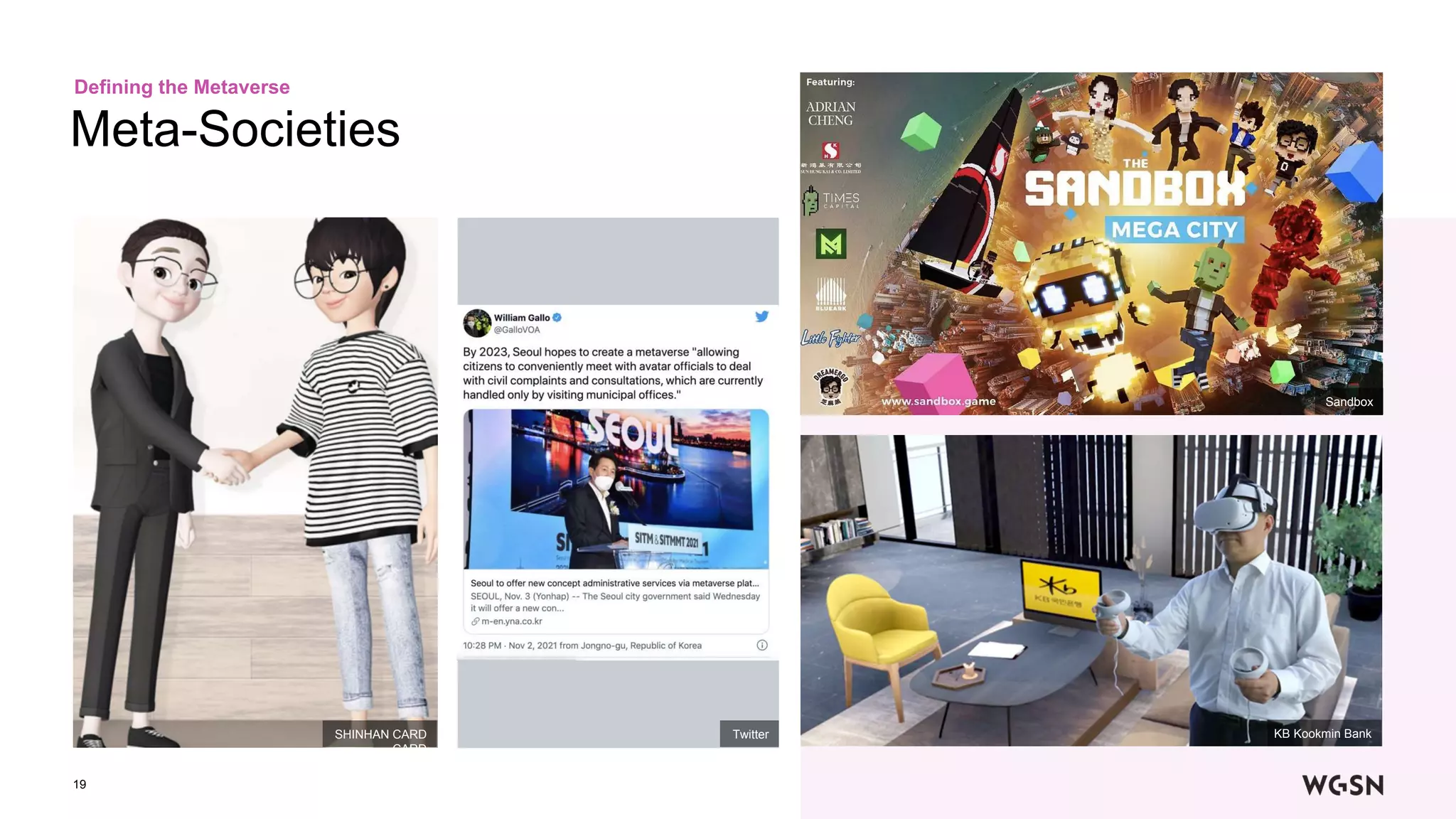 SHINHAN CARD
CARD
Defining the Metaverse
19
Meta-Societies
Twitter KB Kookmin Bank
Sandbox
 