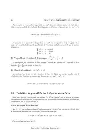 ´
CHAPITRE 2. INTEGRALES DE SURFACES

28

Par exemple, si on consid`re la parabole z = ax2 alors par rotation autour de l’axe Oz on
e
obtient une parabolo¨de de r´volution dont l’´quation cart´si`nne est donn´e par, z = a(x2 +y 2 ).
ı
e
e
e e
e

Figure 2.6 – Parabolo¨ : x2 + y 2 = z
ıde

Notons que si on param´trise la parabole z = ax2 par les ´quations x(t) = t, y(t) = 0 et
e
e
z(t) = at2 on d´duit alors que la parabolo¨de de r´volution peut ˆtre param´tr´e par le syst`me
e
ı
e
e
e e
e
d’´quations :
e

 x(t, s) = t cos(s)
y(t, s) = t sin(s)

z(t, s) =
at2
E) Prabolo¨ de r´volution ` deux nappes :
ıde
e
a

x2 + y 2 z 2
− 2 = −1
a2
b

La parabolo¨de de r´volution ` deux nappes s’obtient par rotation de l’hyperbole ` deux
ı
e
a
a
z 2 x2
branches 2 − 2 = 1 autour de l’axe Oz.
b
a
F) Cˆne de r´volution : z = a
o
e

x2 + y 2 + b

La rotation d’une droite z = ax + b autour de l’axe Oz d´ﬁnit une surface appel´e cˆne de
e
e o
2 + y 2 + b.
r´volution. Son ´quation cart´sienne est donn´e par, z = a x
e
e
e
e

Figure 2.7 – Cone de r´volution : a(x2 + y 2 ) = z 2
e

2.2

D´ﬁnition et propri´t´s des int´grales de surfaces
e
e e
e

Dans cette section, ´tant donn´e une surface Σ ⊂ R3 de classe C 1 ; on se propose de trouver
e
e
une formule qui nous permet de calculer son aire ou sa masse quand la densit´ de masse est
e
une fonction ρ(x, y, z) continue sur Σ.
1) Cas du graphe d’une fonction
Soit Σ ⊂ R3 une surface de classe C 1 d´ﬁnit comme le graphe d’une fonction f : D → R dont
e
le domaine de d´ﬁnition est un compact ´l´mentaire d´ﬁni par,
e
ee
e
D = {(x, y) ∈ R2 /a

x

b, f1 (x)

y

f2 (x)}

Calculons l’aire de la surface Σ :

Figure 2.8 – Subdivison d’une surface

 