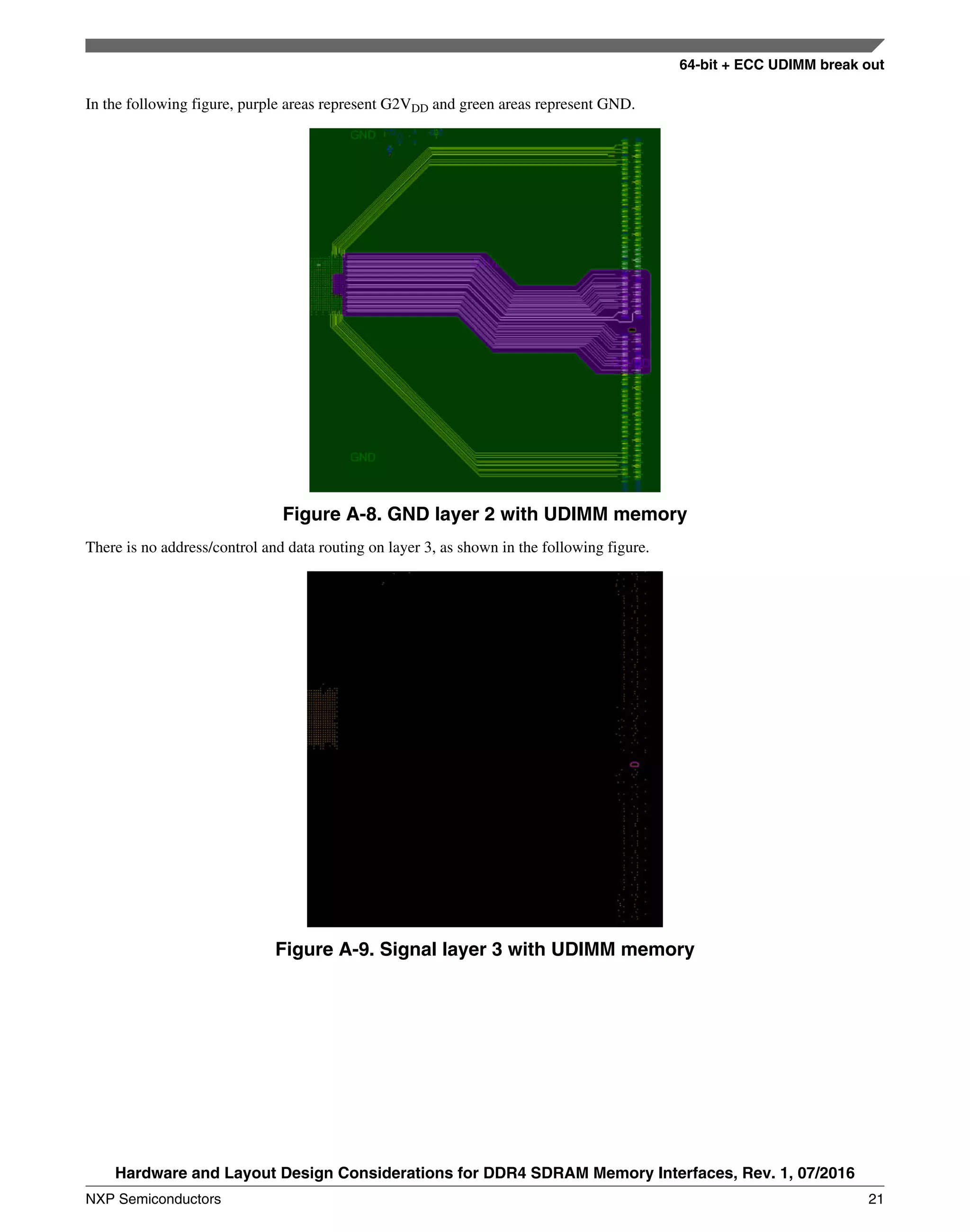 In the following figure, purple areas represent G2VDD and green areas represent GND.
Figure A-8. GND layer 2 with UDIMM memory
There is no address/control and data routing on layer 3, as shown in the following figure.
Figure A-9. Signal layer 3 with UDIMM memory
64-bit + ECC UDIMM break out
Hardware and Layout Design Considerations for DDR4 SDRAM Memory Interfaces, Rev. 1, 07/2016
NXP Semiconductors 21
 