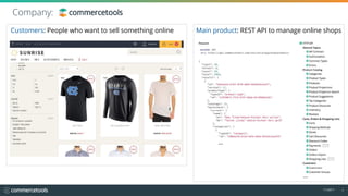 …
11/2017 2
Company:
Customers: People who want to sell something online
…
Main product: REST API to manage online shops
 
