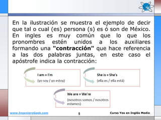 En la ilustración se muestra el ejemplo de decir 
que tal o cual (es) persona (s) es ó son de México. 
En ingles es muy común que lo que los 
pronombres estén unidos a los auxiliares 
formando una "contracción" que hace referencia 
a las dos palabras juntas, en este caso el 
apóstrofe indica la contracción: 
www.IngenieroGeek.com Curso Yes en Inglés Medio 
5 
 
