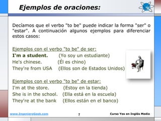 Ejemplos de oraciones: 
Decíamos que el verbo "to be" puede indicar la forma "ser" o 
"estar". A continuación algunos ejemplos para diferenciar 
estos casos: 
Ejemplos con el verbo "to be" de ser: 
I'm a student. (Yo soy un estudiante) 
He's chinese. (Él es chino) 
They're from USA (Ellos son de Estados Unidos) 
Ejemplos con el verbo "to be" de estar: 
I'm at the store. (Estoy en la tienda) 
She is in the school. (Ella está en la escuela) 
They're at the bank (Ellos están en el banco) 
www.IngenieroGeek.com Curso Yes en Inglés Medio 
7 
 