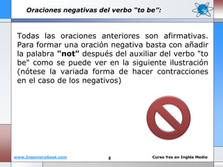 Oraciones negativas del verbo “to be”: 
Todas las oraciones anteriores son afirmativas. 
Para formar una oración negativa basta con añadir 
la palabra "not" después del auxiliar del verbo "to 
be" como se puede ver en la siguiente ilustración 
(nótese la variada forma de hacer contracciones 
en el caso de los negativos) 
www.IngenieroGeek.com Curso Yes en Inglés Medio 
8 
 