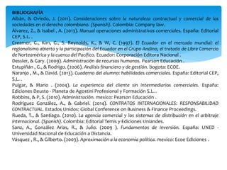 BIBLIOGRAFÍA
Albán, & Oviedo, J. (2011). Consideraciones sobre la naturaleza contractual y comercial de las
sociedades en el derecho colombiano. (Spanish). Colombia: Company law.
Álvarez, Z., & Isabel , A. (2013). Manual operaciones administrativas comerciales. España: Editorial
CEP, S.L. .
Creamer, G., Kim, G., S. Reynolds, K., & W, C. (1997). El Ecuador en el mercado mundial: el
regionalismo abierto y la participación del Ecuador en el Grupo Andino, el tratado de Libre Comercio
de Norteamérica y la cuenca del Pacífico. Ecuador: Corporación Editora Nacional .
Dessler, & Gary. (2009). Administración de recursos humanos. Pearson Educación .
Estupiñán , G., & Rodrigo. (2006). Análisis financiero y de gestión. bogota: ECOE.
Naranjo , M., & David. (2013). Cuaderno del alumno: habilidades comerciales. España: Editorial CEP,
S.L. .
Pulgar, & Mario . (2004). La experiencia del cliente sin intermediarios comerciales. España:
Ediciones Deusto - Planeta de Agostini Profesional y Formación S.L. .
Robbins, & P, S. (2010). Administración. mexico: Pearson Educación .
Rodríguez González, A., & Gabriel. (2014). CONTRATOS INTERNACIONALES: RESPONSABILIDAD
CONTRACTUAL. Estados Unidos: Global Conference on Business & Finance Proceedings.
Rueda, T., & Santiago. (2010). La agencia comercial y los sistemas de distribución en el arbitraje
internacional. (Spanish). Colombia: Editorial Temis y Ediciones Uniandes.
Sanz, A., González Arias, R., & Julio. (2009 ). Fundamentos de inversión. España: UNED -
Universidad Nacional de Educación a Distancia.
Vásquez , R., & Gilberto. (2003). Aproximación a la economía política. mexico: Ecoe Ediciones .
 