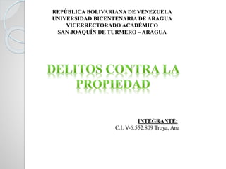 REPÚBLICA BOLIVARIANA DE VENEZUELA
UNIVERSIDAD BICENTENARIA DE ARAGUA
VICERRECTORADO ACADÉMICO
SAN JOAQUÍN DE TURMERO – ARAGUA
INTEGRANTE:
C.I. V-6.552.809 Troya, Ana
 