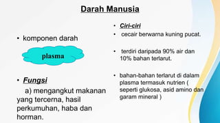 Darah Manusia
• komponen darah
• Fungsi
a) mengangkut makanan
yang tercerna, hasil
perkumuhan, haba dan
horman.
• Ciri-ciri
• cecair berwarna kuning pucat.
• terdiri daripada 90% air dan
10% bahan terlarut.
• bahan-bahan terlarut di dalam
plasma termasuk nutrien (
seperti glukosa, asid amino dan
garam mineral )
plasma
 