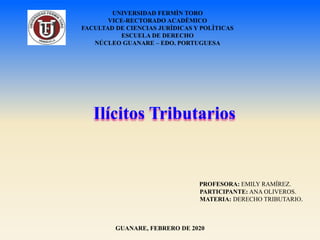 Ilícitos Tributarios
PROFESORA: EMILY RAMÍREZ.
PARTICIPANTE: ANA OLIVEROS.
MATERIA: DERECHO TRIBUTARIO.
GUANARE, FEBRERO DE 2020
UNIVERSIDAD FERMÌN TORO
VICE-RECTORADO ACADÈMICO
FACULTAD DE CIENCIAS JURÌDICAS Y POLÌTICAS
ESCUELA DE DERECHO
NÚCLEO GUANARE – EDO. PORTUGUESA
 