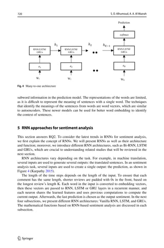 720 S. O. Alhumoud, A. A. Al Wazrah
1 3
subword information in the prediction model. The representations of the words are limited,
as it is difficult to represent the meaning of sentences with a single word. The techniques
that identify the meanings of the sentences from words are word vectors, which are similar
to autoencoders. These newer models can be used for better word embedding to identify
the context of sentences.
5 
RNN approaches for sentiment analysis
This section answers RQ2. To consider the latest trends in RNNs for sentiment analysis,
we first explain the concept of RNNs. We will present RNNs as well as their architecture
and function; moreover, we introduce different RNN architectures, such as Bi-RNN, LSTM
and GRUs, which are crucial to understanding related studies that will be reviewed in the
next section.
RNN architectures vary depending on the task. For example, in machine translation,
several inputs are used to generate several outputs: the translated sentences. In an sentiment
analysis task, several inputs are used to create a single output: the prediction, as shown in
Figure 4 (Karpathy 2015).
The length of the time steps depends on the length of the input. To ensure that each
comment has the same length, shorter reviews are padded with 0s in the front, based on
the longest review’s length K. Each word in the input is converted to embedding vectors,
then these vectors are passed to RNN, LSTM or GRU layers in a recurrent manner, and
each neuron shares the learned features and uses previous computations to compute the
current output. Afterwards, the last prediction is chosen as the output sentiment. In the next
four subsections, we present different RNN architectures: Vanilla RNN, LSTM, and GRUs.
The mathematical functions based on RNN-based sentiment analysis are discussed in each
subsection.
Fig. 4  Many-to-one architecture
 