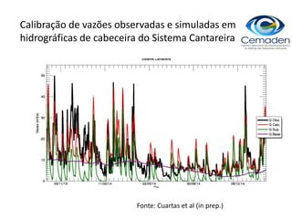 Fonte: Cuartas et al (in prep.)
Calibração de vazões observadas e simuladas em bacias
hidrográficas de cabeceira do Sistema Cantareira
 
