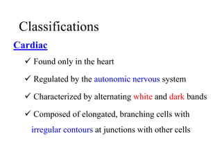 Classifications
Cardiac
 Found only in the heart
 Regulated by the autonomic nervous system
 Characterized by alternati...