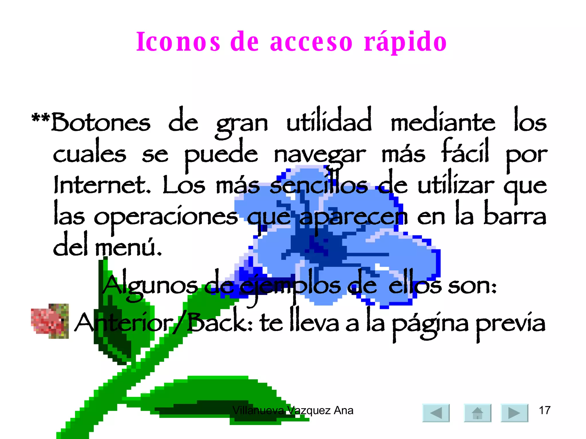 Iconos de acceso rápido **Botones de gran utilidad mediante los cuales se puede navegar más fácil por Internet. Los más sencillos de utilizar que las operaciones que aparecen en la barra del menú. Algunos de ejemplos de  ellos son: Anterior/Back: te lleva a la página previa  