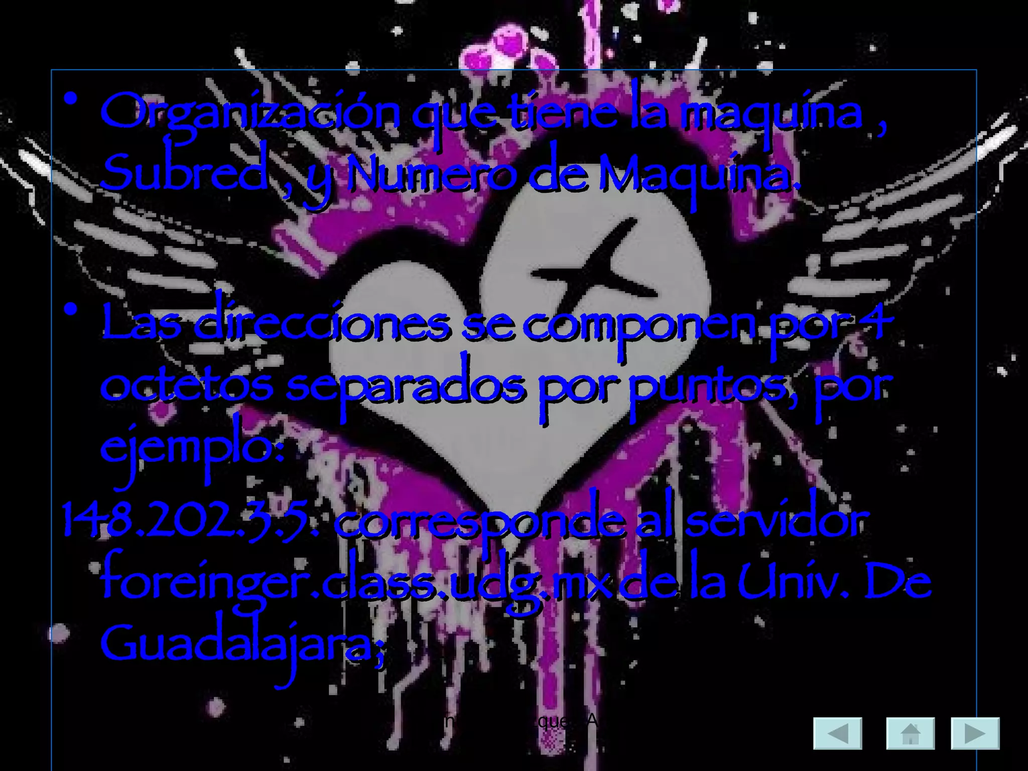 Organización que tiene la maquina , Subred , y Numero de Maquina. Las direcciones se componen por 4 octetos separados por puntos, por ejemplo: 148.202.3.5. corresponde al servidor foreinger.class.udg.mx de la Univ. De Guadalajara;  