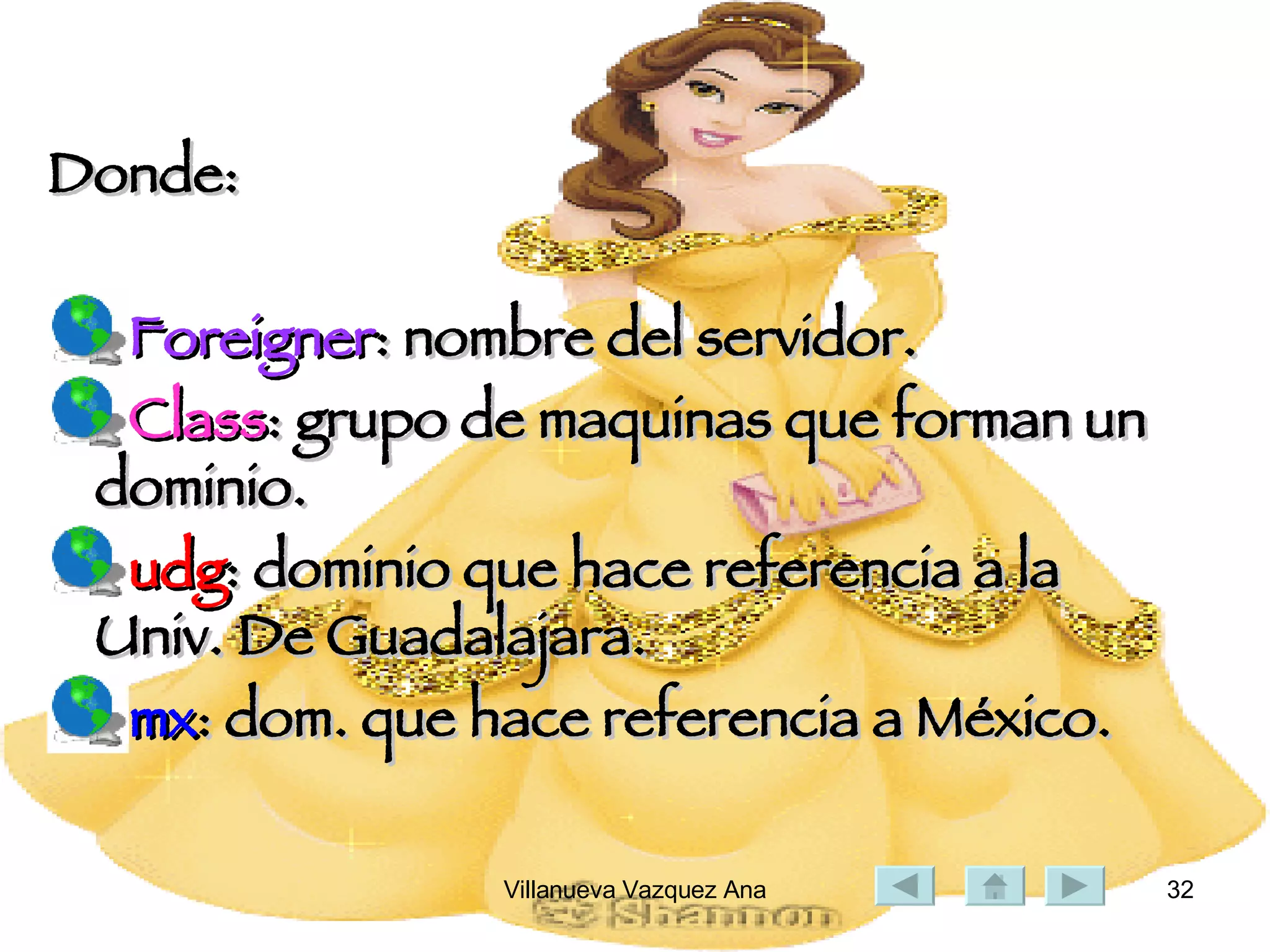Donde: Foreigner : nombre del servidor. Class : grupo de maquinas que forman un dominio. udg : dominio que hace referencia a la Univ. De Guadalajara. mx : dom. que hace referencia a México. 
