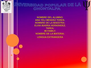 NOMBRE DEL ALUMNO:
ANA YELI MENDEZ TORES.
NOMBRE DE LA MAESTRA:
ELVIA IBARRA HERNÁNDEZ.
TAREA:
MI FAMILY.
NOMBRE DE LA MATERIA:
LENGUA EXTRANGERA
 