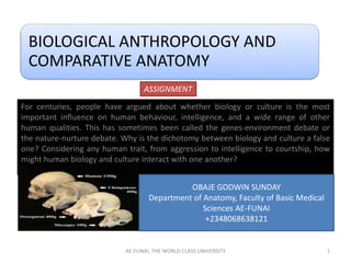 BIOLOGICAL ANTHROPOLOGY AND
COMPARATIVE ANATOMY
For centuries, people have argued about whether biology or culture is the most
important influence on human behaviour, intelligence, and a wide range of other
human qualities. This has sometimes been called the genes-environment debate or
the nature-nurture debate. Why is the dichotomy between biology and culture a false
one? Considering any human trait, from aggression to intelligence to courtship, how
might human biology and culture interact with one another?
ASSIGNMENT
OBAJE GODWIN SUNDAY
Department of Anatomy, Faculty of Basic Medical
Sciences AE-FUNAI
+2348068638121
AE-FUNAI, THE WORLD CLASS UNIVERSITY 1
 