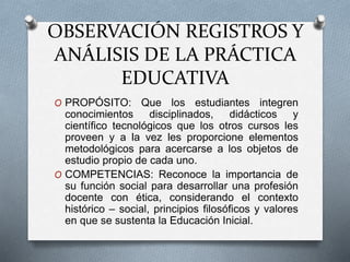 OBSERVACIÓN REGISTROS Y 
ANÁLISIS DE LA PRÁCTICA 
EDUCATIVA 
O PROPÓSITO: Que los estudiantes integren 
conocimientos disciplinados, didácticos y 
científico tecnológicos que los otros cursos les 
proveen y a la vez les proporcione elementos 
metodológicos para acercarse a los objetos de 
estudio propio de cada uno. 
O COMPETENCIAS: Reconoce la importancia de 
su función social para desarrollar una profesión 
docente con ética, considerando el contexto 
histórico – social, principios filosóficos y valores 
en que se sustenta la Educación Inicial. 
 