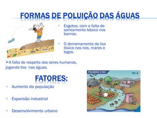  Aumento da população
 Expansão industrial
 Desenvolvimento urbano
A falta de respeito dos seres humanos,
jogando lixo nas águas.
 Esgotos, com a falta de
saneamento básico nos
bairros.
 O derramamento de lixo
tóxico nos rios, mares e
lagos.
 
