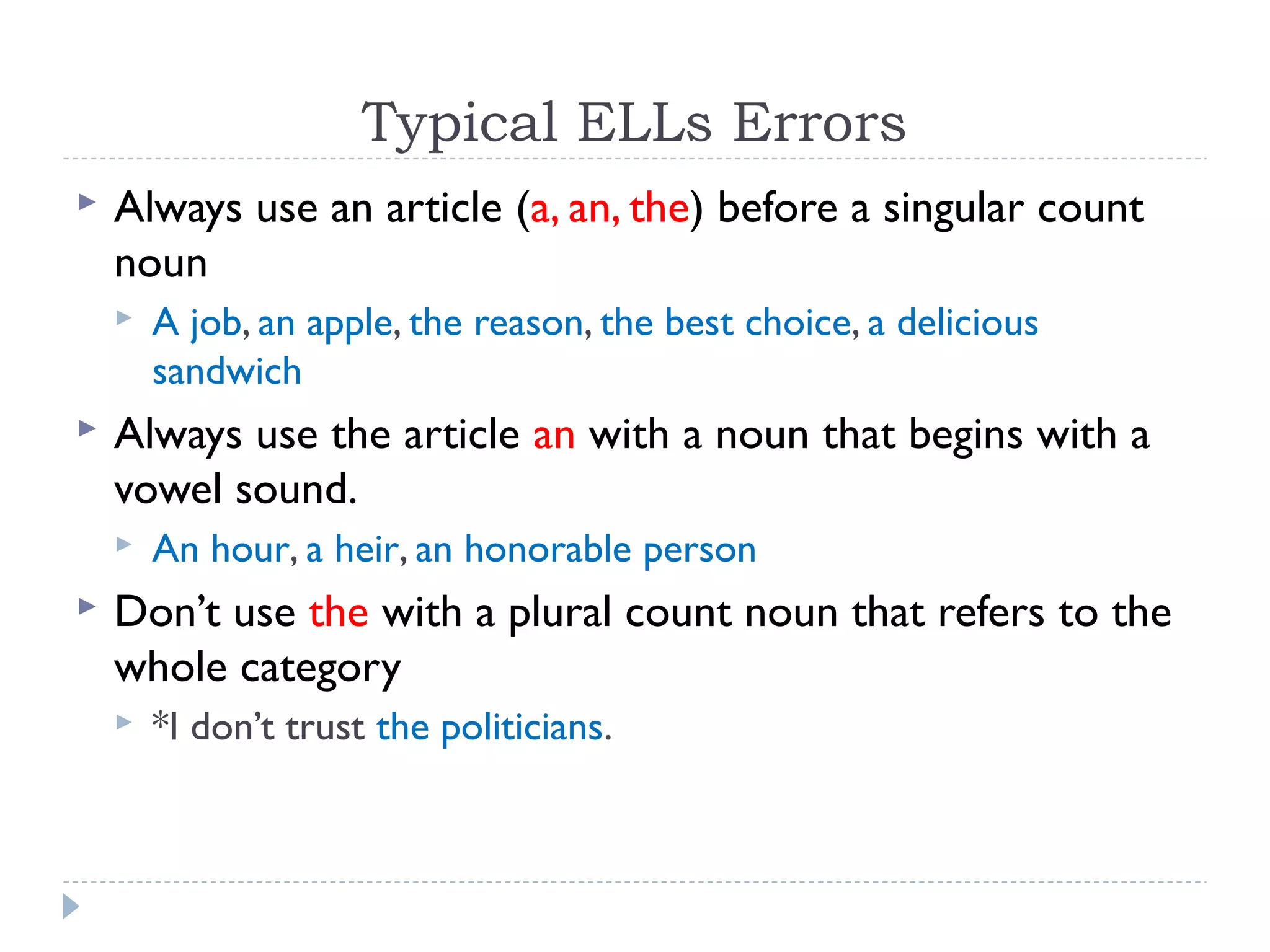 Typical ELLs Errors
 Always use an article (a, an, the) before a singular count
noun
 A job, an apple, the reason, the best choice, a delicious
sandwich
 Always use the article an with a noun that begins with a
vowel sound.
 An hour, a heir, an honorable person
 Don’t use the with a plural count noun that refers to the
whole category
 *I don’t trust the politicians.
 