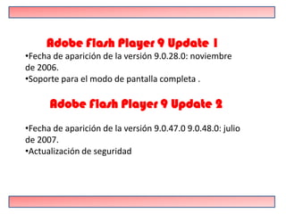Adobe Flash Player 9 Update 1
•Fecha de aparición de la versión 9.0.28.0: noviembre
de 2006.
•Soporte para el modo de pantalla completa .

      Adobe Flash Player 9 Update 2
•Fecha de aparición de la versión 9.0.47.0 9.0.48.0: julio
de 2007.
•Actualización de seguridad
 
