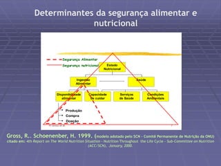 Determinantes da segurança alimentar e 
nutricional 
Segurança Alimentar 
Segurança nutricional 
Ingestão 
Alimentar 
Disponibilidade 
alimentar 
Nutricional 
Capacidade 
de cuidar 
Serviços 
de Saúde 
Condições 
Ambientais 
Saúde 
Estado 
Produção 
Compra 
Doação 
R Gross et al. 7 
Gross, R.. Schoenenber, H. 1999. (modelo adotado pelo SCN – Comitê Permanente de Nutrição da ONU) 
citado em: 4th Report on The World Nutrition Situation – Nutrition Throughout the Life Cycle - Sub-Committee on Nutrition 
(ACC/SCN), January, 2000. 
 