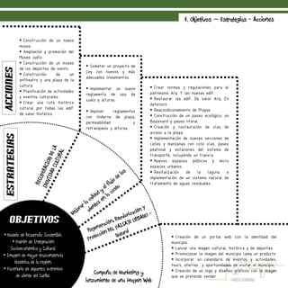 4. Objetivos – Estrategias - Acciones
AccionesEstrategias
Objetivos
Campaña de Marketing y
lanzamiento de una imagen Web
 Crear normas y regulaciones para el
patrimonio Arq. Y las nuevas edif.
 Restaurar las edif. De valor Arq. En
deterioro.
 Reacondicionamiento de Playas
 Construcción de un paseo ecológico, un
Boulevard y paseo litoral.
 Creación y restauración de vías de
acceso a la playa.
 Implementación de nuevas secciones de
calles y manzanas con ciclo vías, paseo
peatonal y estaciones del sistema de
transporte, incluyendo un tranvía.
 Nuevos espacios públicos y micro
espacios urbanos.
 Revitalización de la laguna e
implementación de un sistema natural de
tratamiento de aguas residuales.
 Someter un proyecto de
Ley con nuevos y más
adecuados lineamientos.
 Implementar un nuevo
reglamento de uso de
suelo y alturas.
 Imponer reglamentos
con linderos de playa,
permeabilidad y
retranqueos y alturas.
 Construcción de un nuevo
museo.
 Ampliación y promoción del
Museo Judío.
 Construcción de un museo
de los deportes de viento.
 Construcción de un
anfiteatro y una plaza de la
cultura.
 Planificación de actividades
y eventos culturales.
 Crear una ruta histórico
cultural por todas las edif.
de valor histórico.
• Modelo de Desarrollo Sostenible.
• Patrón de Integración
Socioeconómica y Cultural.
• Imagen de mayor trascendencia
histórica de la región.
• Escenario de deportes extremos
de viento del Caribe.
 Creación de un portal web con la identidad del
municipio.
 Lanzar una imagen cultural, histórica y de deportes.
 Promocionar la imagen del municipio como un producto
 Incorporar un calendario de eventos y actividades,
tours, ofertas y oportunidades de visitar el municipio.
 Creación de un logo y diseños gráficos con la imagen
que se pretende vender.
 