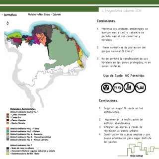 5. Proyecciones Cabarete 2030
- Normativas Division Politica Sosua - Cabarete
Uso de Suelo NO Permitido:
Conclusiones.
1. Exigir un mayor % verde en las
edificaciones..
2. implementar la reutilizacion de
edificios abandonados.
3. integrar las aceras y zonas de
recreacion al diseno urbano.
4. Construccion de aceras amplias y con
buena arbolizacion para mejor disfrute
del peaton.
Conclusiones.
1. Mientras las unidades ambientales se
acercan mas a centro cabarete se
permite mas el uso comercial y
hotelero.
2. tiene normativas de proteccion del
parque nacional Ël Choco”
3. No se permite la construccion de uso
hotelero en las zonas protegidas, ni en
zonas costeras.
 