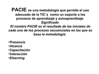 PACIE es una metodología que permite el uso
adecuado de la TIC`s como un soporte a los
procesos de aprendizaje y autoaprendizaje
Significado
El nombre PACIE es el resultado de las iniciales de
cada uno de los procesos secuenciales en los que se
basa la metodología:
•Presencia
•Alcance
•Capacitación
•Interacción
•Elearning