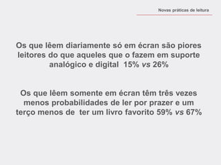 Os que lêem diariamente só em écran são piores leitores do que aqueles que o fazem em suporte analógico e digital 15% vs 26% 
Os que lêem somente em écran têm três vezes menos probabilidades de ler por prazer e um terço menos de ter um livro favorito 59% vs 67% 
Novas práticas de leitura  