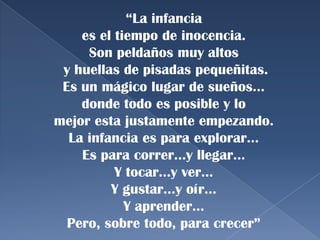 “La infancia
es el tiempo de inocencia.
Son peldaños muy altos
y huellas de pisadas pequeñitas.
Es un mágico lugar de sueños…
donde todo es posible y lo
mejor esta justamente empezando.
La infancia es para explorar…
Es para correr…y llegar…
Y tocar…y ver…
Y gustar…y oír…
Y aprender…
Pero, sobre todo, para crecer”

 