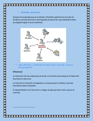  Sistema operativo
Conjunto de programas que en un sistema informático gestiona los recursos de
hardware y provee servicios a los programas de aplicación, ejecutándose en modo
privilegiado respecto de los restantes.
7. ¿Qué diferencia o similitudes encuentra entre innovación, invento y
descubrimiento?6
Diferencias:
La innovación: son los cambios que se hacen a un artefacto para mejorar el desarrollo
de producto y servicios.
La invención: la invención corresponde a un nuevo producto, sistema o proceso
inexistente hasta el momento
El descubrimiento: es el encontrar o indagar de algo que está oculto o que no es
conocido,
 