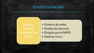 Estructuración
• Sistema de redes
• Niveles de atención
• Dirigido por el MPPS
• Sistema único
Sistema
Publico
Nacional de
Salud
 
