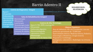 Barrio Adentro II
Centros de Diagnostico Integral
Rayos X
Ultrasonido
Endoscopia digestiva
Electrocardiografía
Laboratorio clínico
Oftalmología
Emergencias las 24 horas del día
* Cirugía
Salas de Rehabilitación Integral
Electroterapia
Ultrasonido
Laserterapia
Termoterapia (calor infrarrojo)
Hidroterapia (hidromasajes)
Gimnasio pediátrico
Gimnasio de adultos
Terapia Ocupacional
Centros de Alta Tecnología
Rayos X, TAC, RMN, mamografía
Ultrasonido
Endoscopia digestiva
Electrocardiografía
Laboratorio clínico
Oftalmología
Incluye áreas de Apoyo Vital y Terapia Intensiva
Clínicas Populares
Área de Influencia: 40 a 60 Consultorios con una
población aproximada de 75.000 hab.
Especialidades básicas: Medicina Interna, Pediatría,
Ginecología y Obstetricia, Cirugía General,
Psiquiatría y Cardiología.
Emergencia , Laboratorio , Radiología: las 24 horas
del día
SEGUNDO NIVEL
DE ATENCION
 