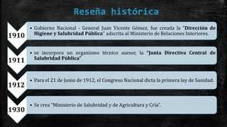 Reseña histórica
1910
• Gobierno Nacional - General Juan Vicente Gómez, fue creada la “Dirección de
Higiene y Salubridad Pública” adscrita al Ministerio de Relaciones Interiores.
1911
• se incorpora un organismo técnico asesor, la “Junta Directiva Central de
Salubridad Pública”
1912
• Para el 21 de Junio de 1912, el Congreso Nacional dicta la primera ley de Sanidad.
1930
• Se crea “Ministerio de Salubridad y de Agricultura y Cría”.
 