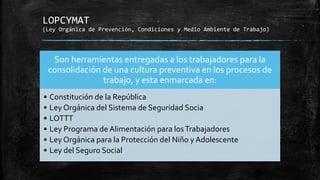 LOPCYMAT
(Ley Orgánica de Prevención, Condiciones y Medio Ambiente de Trabajo)
Son herramientas entregadas a los trabajadores para la
consolidación de una cultura preventiva en los procesos de
trabajo, y esta enmarcada en:
• Constitución de la República
• Ley Orgánica del Sistema de Seguridad Socia
• LOTTT
• Ley Programa de Alimentación para losTrabajadores
• Ley Orgánica para la Protección del Niño y Adolescente
• Ley del Seguro Social
 