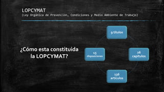 LOPCYMAT
(Ley Orgánica de Prevención, Condiciones y Medio Ambiente de Trabajo)
9 títulos
26
capítulos
136
artículos
15
disposiciones
¿Cómo esta constituida
la LOPCYMAT?
 