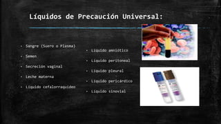 Líquidos de Precaución Universal:
• Sangre (Suero o Plasma)
• Semen
• Secreción vaginal
• Leche materna
• Líquido cefalorraquídeo
• Líquido amniótico
• Líquido peritoneal
• Líquido pleural
• Líquido pericárdico
• Líquido sinovial
 