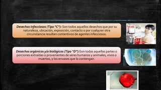 Desechos Infecciosos (Tipo “C”): Son todos aquellos desechos que por su
naturaleza, ubicación, exposición, contacto o por cualquier otra
circunstancia resulten contentivos de agentes infecciosos.
Desechos orgánicos y/o biológicos (Tipo “D”):Son todas aquellas partes o
porciones extraídas o provenientes de seres humanos y animales, vivos o
muertos, y los envases que lo contengan.
 