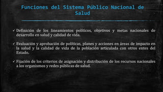 Funciones del Sistema Público Nacional de
Salud
 Definición de los lineamientos políticos, objetivos y metas nacionales de
desarrollo en salud y calidad de vida.
 Evaluación y aprobación de políticas, planes y acciones en áreas de impacto en
la salud y la calidad de vida de la población articulada con otros entes del
Estado.
 Fijación de los criterios de asignación y distribución de los recursos nacionales
a los organismos y redes públicas de salud.
 