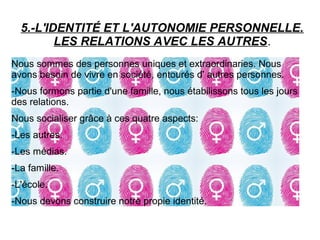 5.-L'IDENTITÉ ET L'AUTONOMIE PERSONNELLE.
LES RELATIONS AVEC LES AUTRES.
Nous sommes des personnes uniques et extraordinaries. Nous
avons besoin de vivre en société, entourés d' autres personnes.
-Nous formons partie d'une famille, nous étabilissons tous les jours
des relations.
Nous socialiser grâce à ces quatre aspects:
-Les autres.
-Les médias.
-La famille.
-L'école.
-Nous devons construire notre propie identité.
 