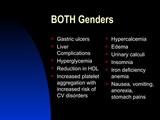 BOTH Genders Gastric ulcers Liver Complications Hyperglycemia Reduction in HDL Increased platelet aggregation with increased risk of CV disorders Hypercalcemia Edema Urinary calculi Insomnia Iron deficiency anemia Nausea, vomiting, anorexia, stomach pains 