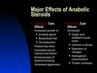 Major Effects of Anabolic Steroids Androgen  Type Effects Increased growth of : prostate gland Body/facial hair Oil production Deepening voice Increased sexual interest and desire Enhancement of abstract thinking Increased aggression Anabolic  Type Effects Increased: Organ and skeletal muscle mass Calcium in bones Retention of nitrogen Hemoglobin concentration Protein synthesis 