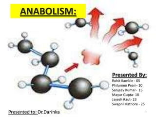 `
ANABOLISM:
Presented By:
Rohit Kamble - 05
Philomen Prem- 10
Sanjeev Kumar- 15
Mayur Gupta- 18
Jayesh Raut- 23
Swapnil Rathore - 25
Presented to: Dr.DarinkaMonday, September 30, 2013 1
 