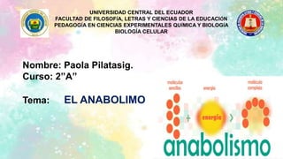 UNIVERSIDAD CENTRAL DEL ECUADOR
FACULTAD DE FILOSOFÍA, LETRAS Y CIENCIAS DE LA EDUCACIÓN
PEDAGOGÍA EN CIENCIAS EXPERIMENTALES QUÍMICA Y BIOLOGÍA
BIOLOGÍA CELULAR
Nombre: Paola Pilatasig.
Curso: 2”A”
Tema: EL ANABOLIMO
 