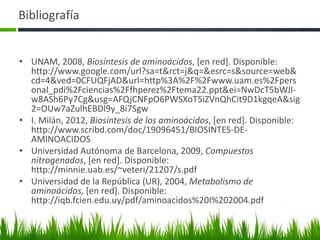Bibliografía


• UNAM, 2008, Biosíntesis de aminoácidos, [en red]. Disponible:
  http://www.google.com/url?sa=t&rct=j&q=&esrc=s&source=web&
  cd=4&ved=0CFUQFjAD&url=http%3A%2F%2Fwww.uam.es%2Fpers
  onal_pdi%2Fciencias%2Ffhperez%2Ftema22.ppt&ei=NwDcT5bWJI-
  w8ASh6Py7Cg&usg=AFQjCNFpO6PWSXoT5iZVnQhCit9D1kgqeA&sig
  2=OUw7aZulhEBDl9y_8i7Sgw
• I. Milán, 2012, Biosíntesis de los aminoácidos, [en red]. Disponible:
  http://www.scribd.com/doc/19096451/BIOSINTES-DE-
  AMINOACIDOS
• Universidad Autónoma de Barcelona, 2009, Compuestos
  nitrogenados, [en red]. Disponible:
  http://minnie.uab.es/~veteri/21207/s.pdf
• Universidad de la República (UR), 2004, Metabolismo de
  aminoácidos, [en red]. Disponible:
  http://iqb.fcien.edu.uy/pdf/aminoacidos%20I%202004.pdf
 