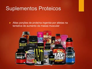 Suplementos Proteicos
 Altas porções de proteína ingerida por atletas na
tentativa de aumento da massa muscular
 