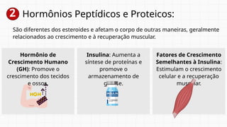 2 Hormônios Peptídicos e Proteicos:
São diferentes dos esteroides e afetam o corpo de outras maneiras, geralmente
relacionados ao crescimento e à recuperação muscular.
Hormônio de
Crescimento Humano
(GH): Promove o
crescimento dos tecidos
e ossos.
Insulina: Aumenta a
síntese de proteínas e
promove o
armazenamento de
glicose.
Fatores de Crescimento
Semelhantes à Insulina:
Estimulam o crescimento
celular e a recuperação
muscular.
 
