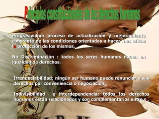 Progresividad: proceso de actualización y mejoramiento constante de las condiciones orientadas a hacer mas eficaz l a  protección de los mismos. No Discriminación : todos los seres humanos nacen en igualdad de derechos. Irrenunciabilidad: ningún ser humano puede renunciar a sus derechos por conveniencia o negociación. Indivisibilidad  e interdependencia: todos los derechos humanos están relacionados y son complementarios entre s í . . 